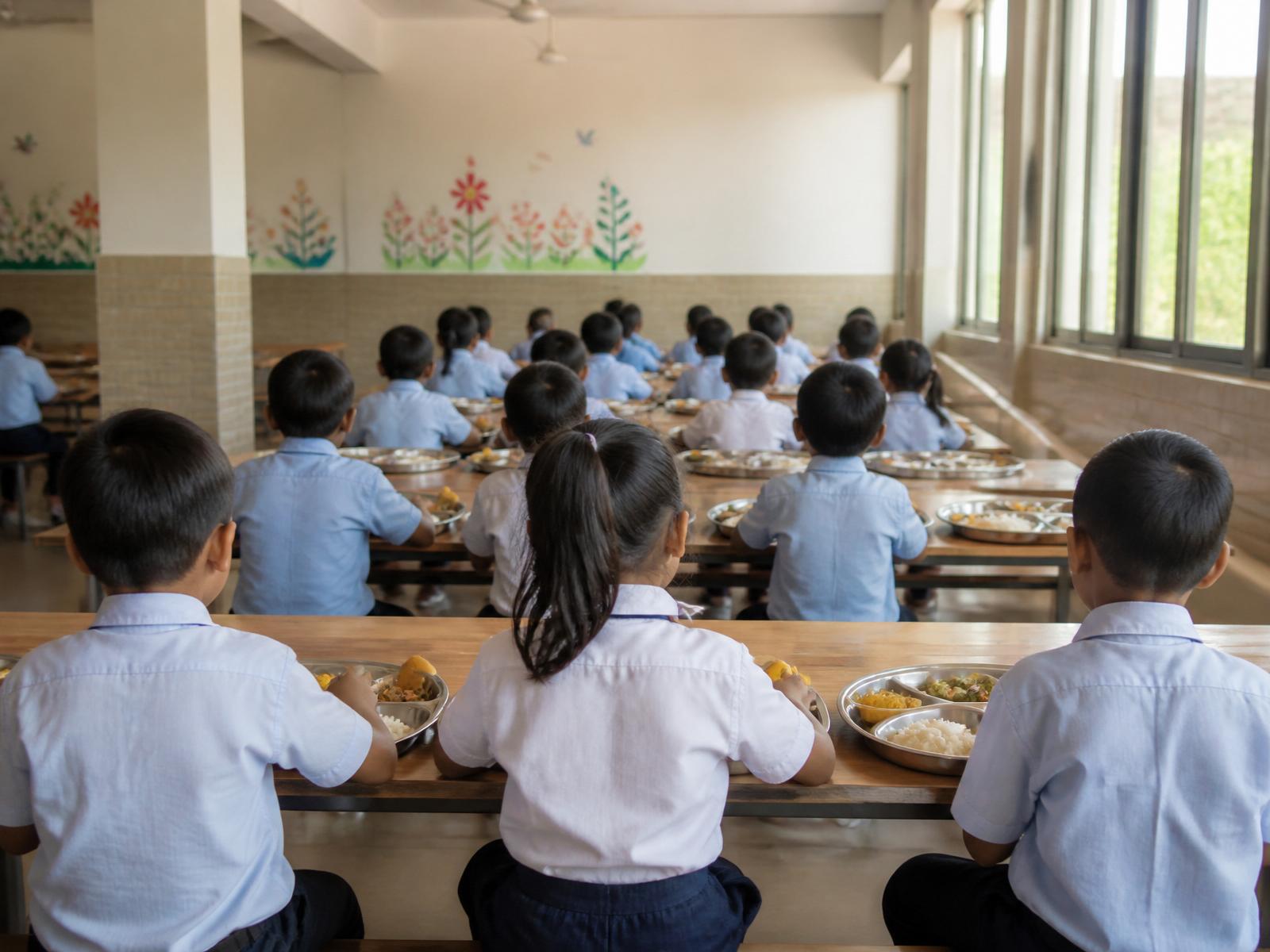 Children at a school canteen with balanced meal trays