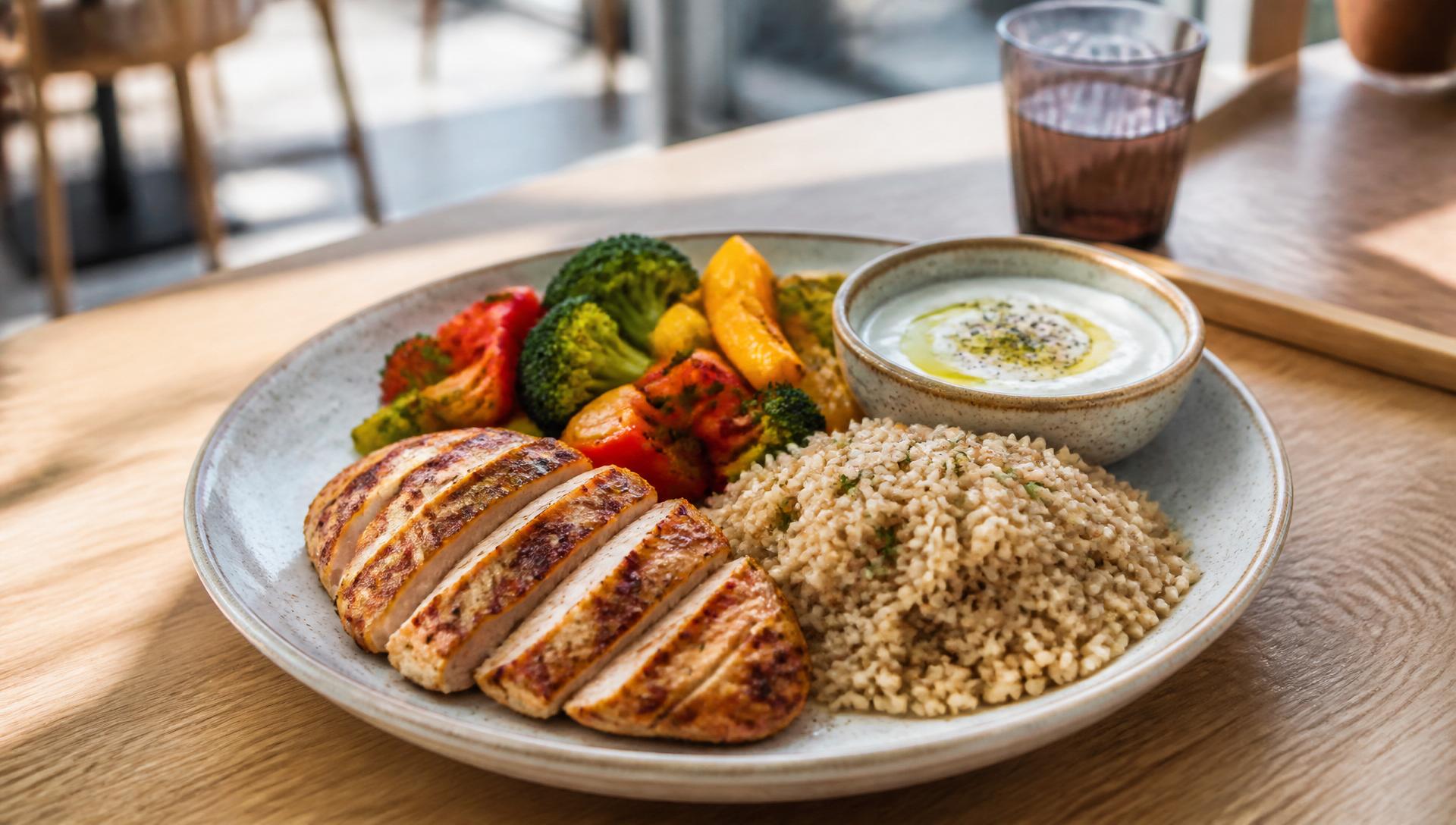 A balanced, freshly prepared meal served in a bright cafeteria setting