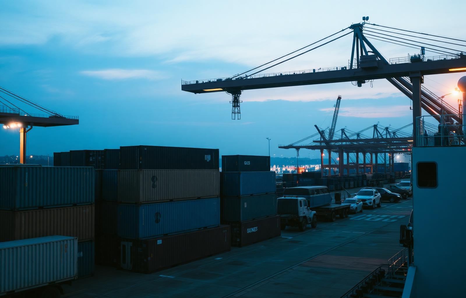 Shipping port at dusk