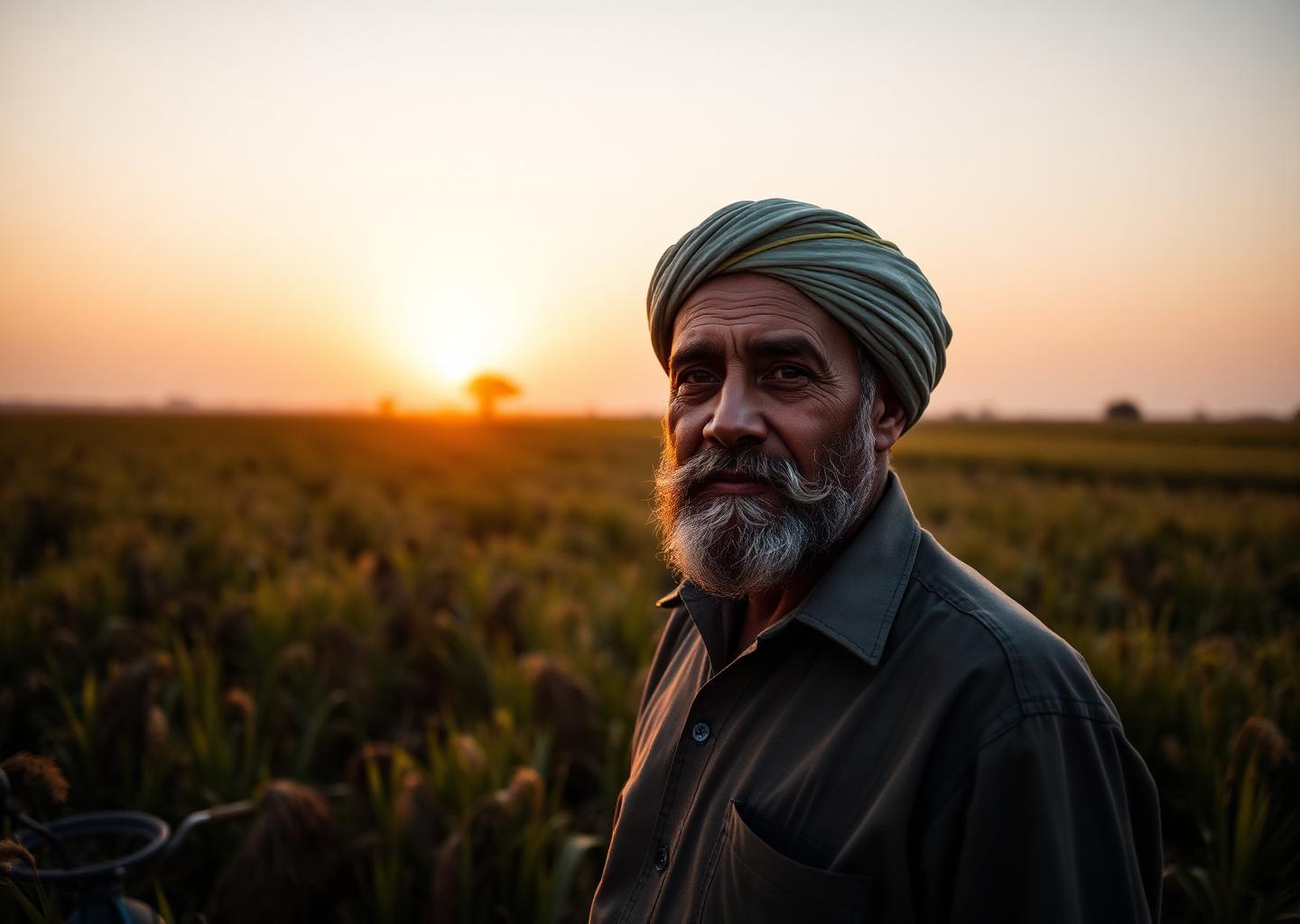 Pakistani farmer standing in his field at sunset