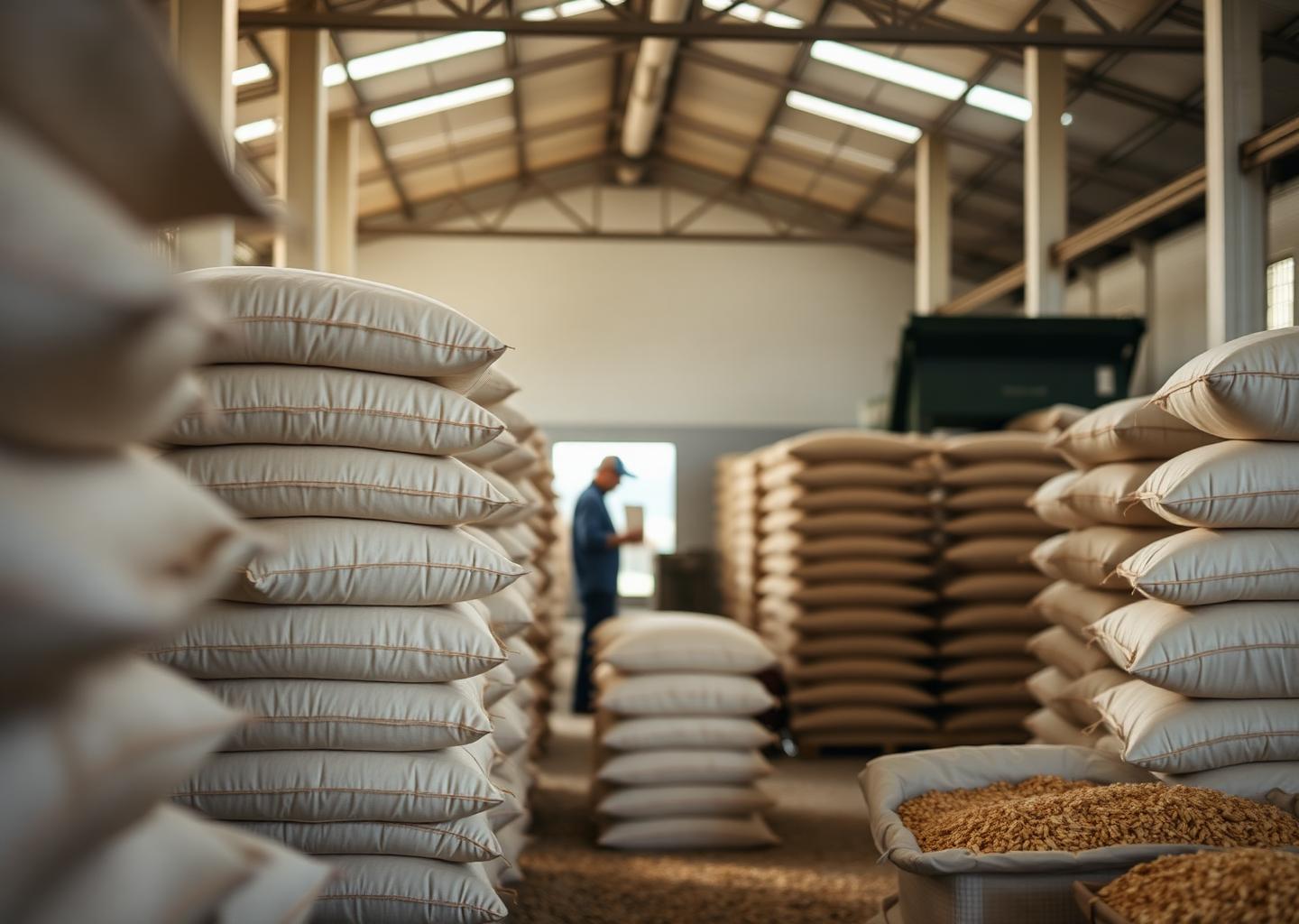 Warehouse with sacks of grain being inspected