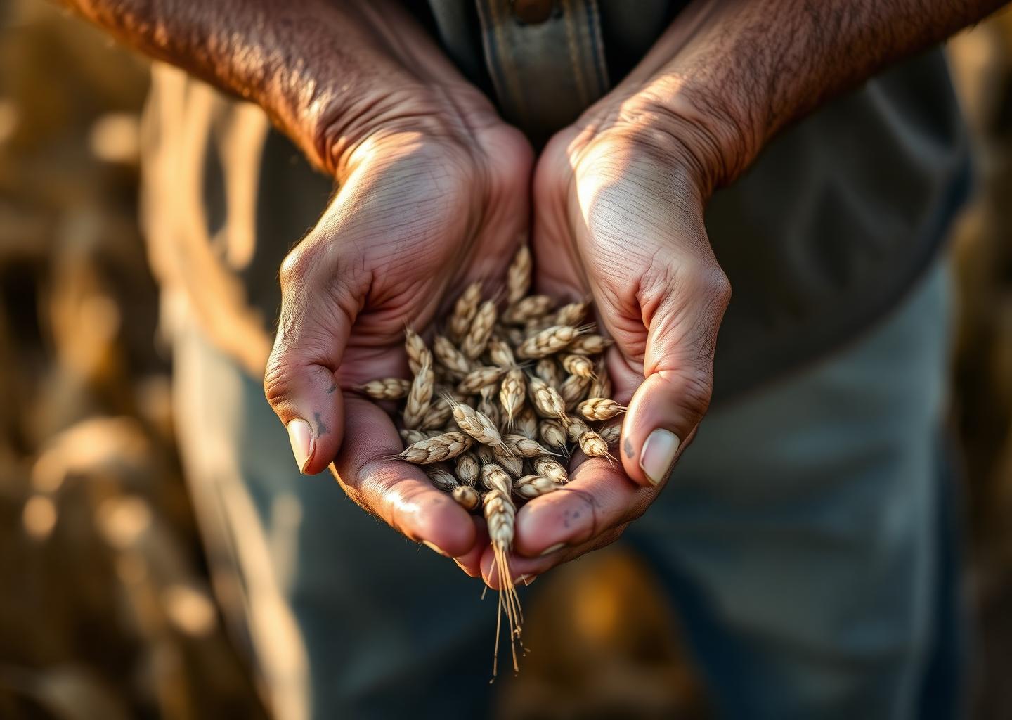 Farmer's hands holding freshly harvested grain